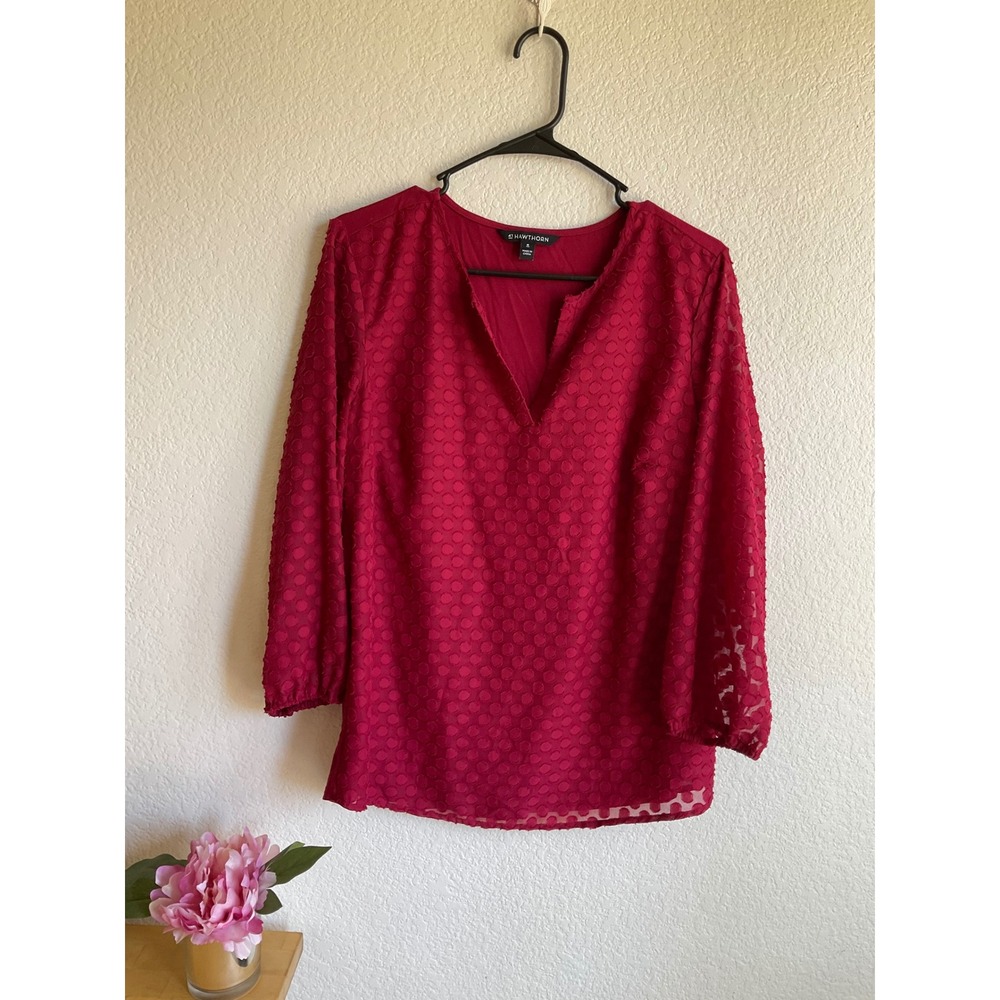 41 Hawthorn Womens Berry Red Clip Dot Split Neck 3/4‎ Sleeve Blouse size medium